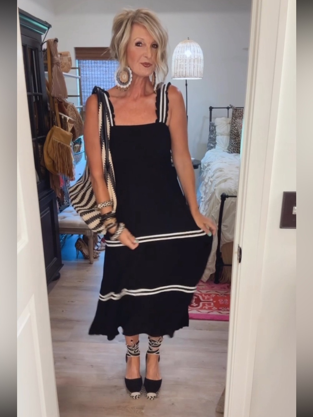 Black Smocked  Midi Dress w/ Cream Detail